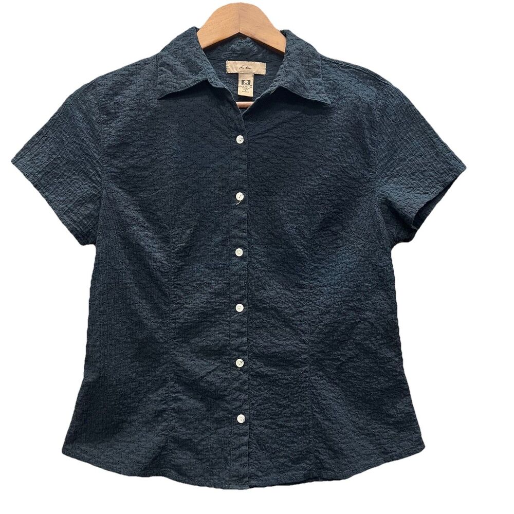 100% Cotton Black eyelet Top Sz 6 Short Sleeve Button Up By i.e.